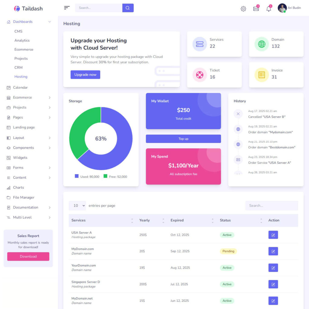 tailwind dashboard hosting